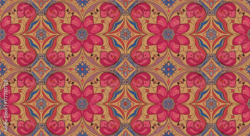 Vibrant, intricate repeating floral pattern with ornate pink flowers, blue leaves, and geometric accents on a warm golden-brown background.
