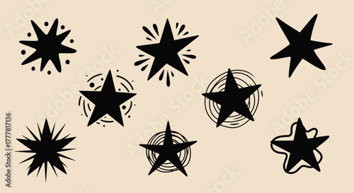A collection of diverse black star illustrations with hand-drawn elements, perfect for design and decoration.