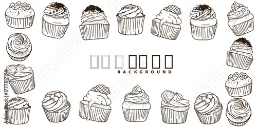 Cupcake vector illustration in hand drawn design in various topping. isolated on white background