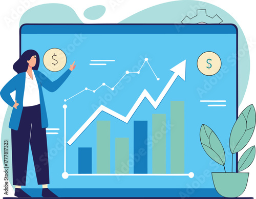 Woman analyzing financial growth chart on a digital screen with plants