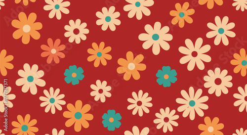 A vibrant seamless pattern featuring scattered retro daisy flowers in warm orange, peach, and teal tones with off-white petals on a deep red background.
