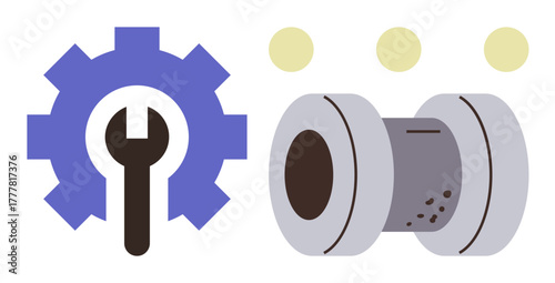 Blue gear with inserted wrench next to industrial pipe with three yellow circles above. Ideal for engineering, maintenance, industrial repairs, manufacturing, technical support, automation, simple