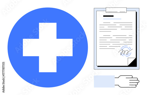 Blue cross next to a signed document with hand gesture, indicating healthcare agreement. Ideal for healthcare, legal, insurance, medical authorization, contracts, consent, simple flat metaphor