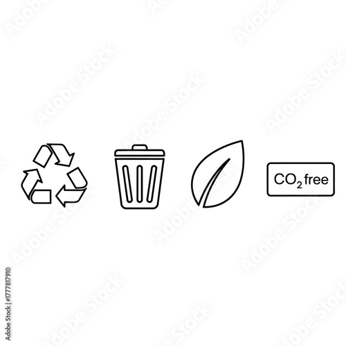 Line art icons depicting recycling symbol, trash can, leaf, and CO2 free label, representing environmental concepts.