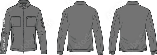 Men’s casual summer outfit, henley shirt, drawstring shorts, color block design, sporty fashion, front side back view, apparel illustration