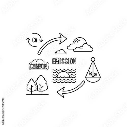 A graphic illustration showing the carbon cycle with trees, clouds, water, emissions, and a plant in a hanging terrarium.