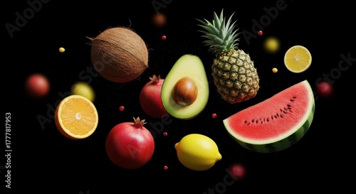 Fototapeta Naklejka Na Ścianę i Meble -  Tropical fruits floating on a dark background