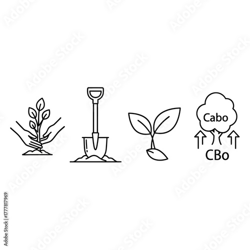 Four line art icons depicting planting: hands holding a sapling, a shovel in soil, a sprouting seed, and a tree with carbon arrows.