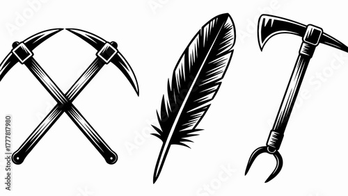 Black and White Vector Illustration of Crossed Pickaxes a Feather and a Firemans Axe Depicted with Bold Outlines on White Background