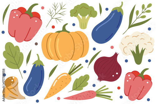 Colorful assortment of fresh vegetables and herbs illustration