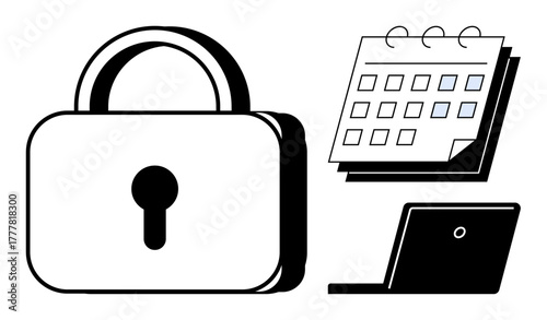 Secure lock alongside a calendar and laptop emphasizing data protection, privacy, planning, recovery, scheduling, cyber safety, and organization. Ideal for cybersecurity, digital privacy