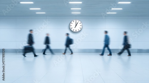 Fototapeta Naklejka Na Ścianę i Meble -  Semi-Transparent Figures Moving Through a Modern Terminal with a Clock on the Wall Capturing the Sense of Time and Movement in a Busy Environment