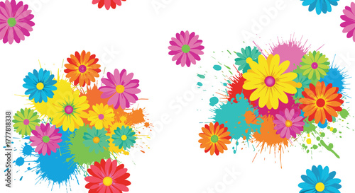 Vivid daisy-like flowers bursting with color amidst abstract paint splatters, forming a lively and cheerful design.