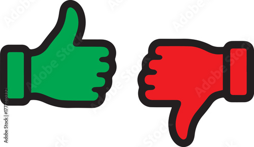 Thumbs up and thumbs down icons, , representing positive and negative feedback, approval, disapproval, and evaluation in a clear visual