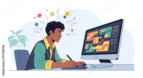 This flat design vector shows an animator deeply focused on creating digital art, symbolizing the creative process behind the animated works showcased at the London International Animation Festival. 