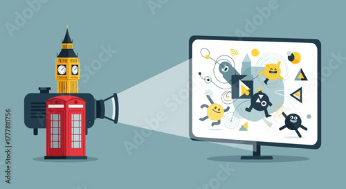 This flat design shows a projector casting an imaginative animation onto a screen, symbolizing the core activity of screening films at the London International Animation Festival. 
