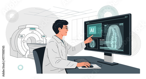 Doctor using AI to analyze medical imaging scans for diagnosis and treatment planning in a modern