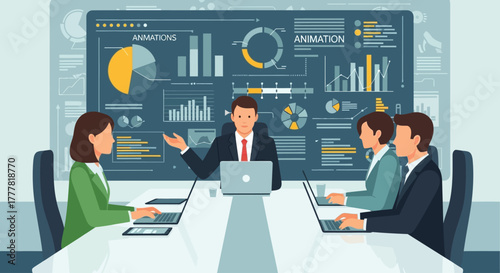 This flat design visualizes an educational workshop or panel discussion at the London International Animation Festival, focusing on learning and professional development.