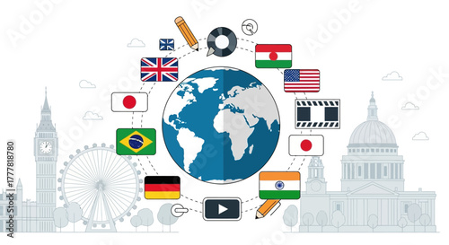 This flat design artwork illustrates the global reach and international participation of the London International Animation Festival, showcasing its worldwide appeal and diverse contributions. 