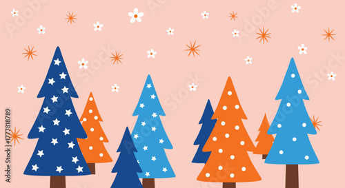 A whimsical winter forest illustration with stylized blue and orange Christmas trees adorned with stars and dots, against a soft pink sky.
