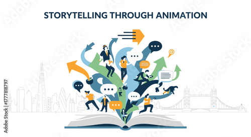 This flat design visualizes the concept of storytelling through animation, with narrative elements transforming into dynamic visual forms, central to the London International Animation Festival. 