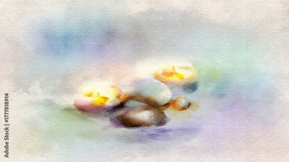 Obraz premium Watercolor painting of soft pastel spa environment with stones, candles, and calming light, peaceful wellness and relaxation concept symbolizing harmony, balance, and self-care