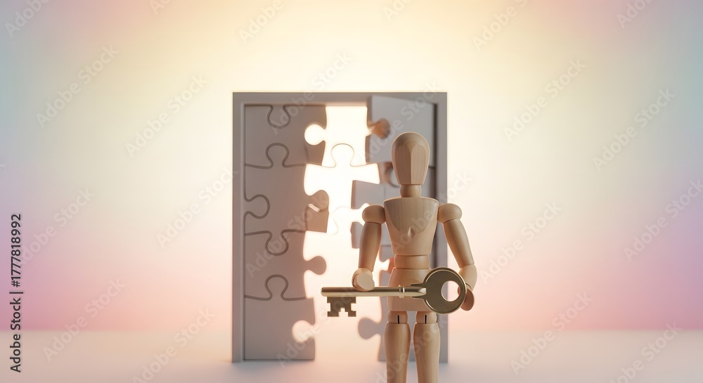 Naklejka premium Wooden mannequin holding a key standing in front of an open puzzle door with a pastel-colored background