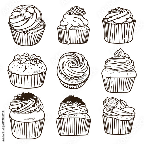 Set collection of cakes in hand drawn design. isolated on white background