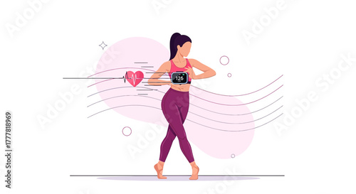 Empowering woman tracks heart rate during workout with modern device concept illustration