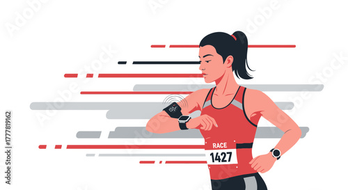 Focused female marathon runner checking smartwatch during race with modern design elements