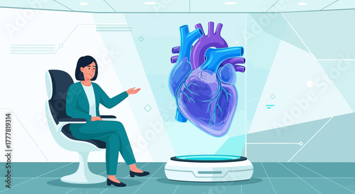 Futuristic cardiology: A female doctor analyzes a holographic projection of a heart