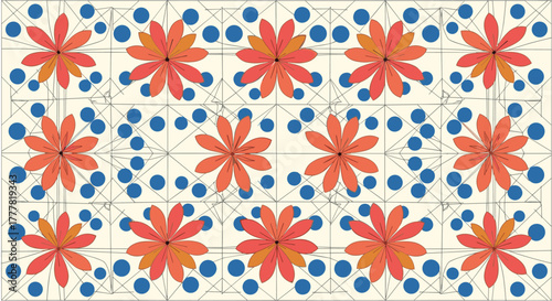 A decorative repeating tile pattern with vibrant orange flowers, blue polka dots, and a subtle geometric grid on a light background.
