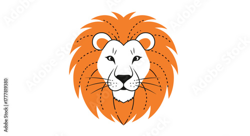 A stylized illustration of a majestic lion's head, featuring a vibrant orange mane and a detailed white face with whiskers and dotted lines.