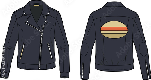 Motorcycle jacket, diagonal zipper, stylish outerwear, graphic patch, zippered cuffs, fashion apparel, biker style, urban wear, rugged design, menswear