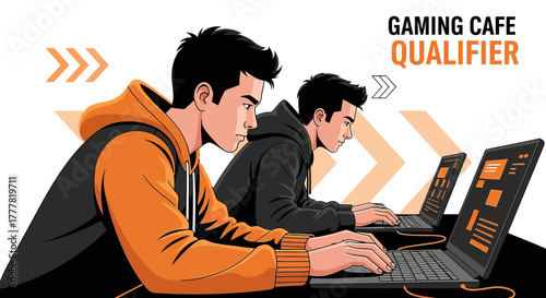 Gaming Cafe Qualifier: Two Young Men Compete on Laptops in an Esports Tournament Scene