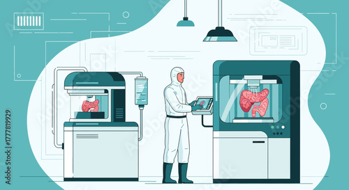 Illustration depicting 3D bioprinting of human organs in a lab setting, revolutionizing healthcare