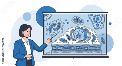 Illustration of a biology teacher explaining cell structure with a projector screen presentation
