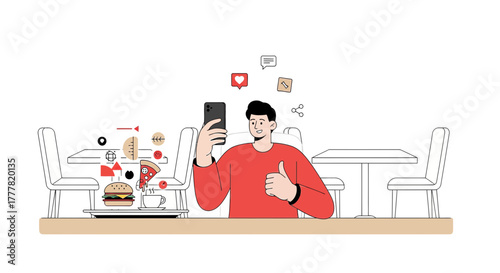 Illustration of a content creator taking a photo of food for social media promotion