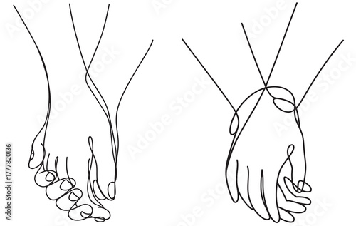 continuous line art drawings of a couple holding hands. vector illustrator