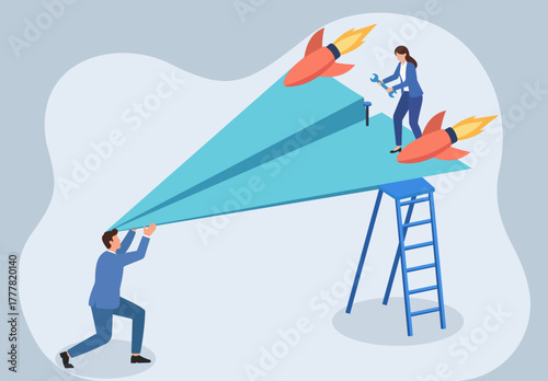 Team Upgrading Paper Plane with Rockets, Teamwork in innovation where professionals collaborate to enhance a simple idea, Metaphor for business growth by adding propulsion to basic concepts,