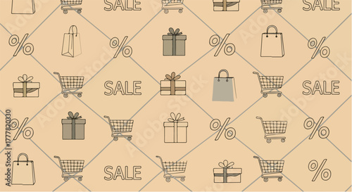Seamless pattern with shopping cart, gift box, and sale icons on beige background, suitable for online store or retail marketing design