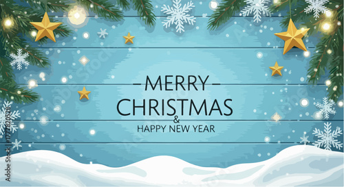 Elegant Christmas background with snowflakes, bokeh lights, and golden stars on blue wood texture, suitable for festive promotions or cards