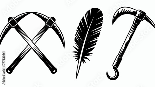 Monochrome Illustration Featuring Crosses Pickaxes a Feather and a Single Pickaxe Symbolizing Tools of Work Writing and Exploration