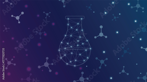 Abstract digital chemistry background featuring a glowing polygon flask with molecular patterns and soft gradient light, perfect for science, research, and innovation themes