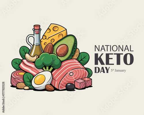 National Keto Day vector. High fat, low carb diet vector. Foods good for the ketogenic diet drawing. Healthy fat foods still life icon vector. January 5.