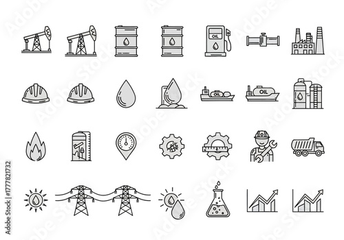 Oil and Gas Industry Icons Set in Outline Style.