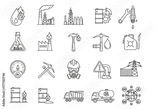 Oil and Gas Industry Icons: Refinery Drilling Rig Fuel and Equipment.