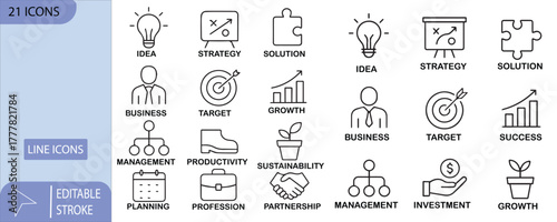 21 line icons for business strategy, planning, and growth concepts Keywords: icon, set, business