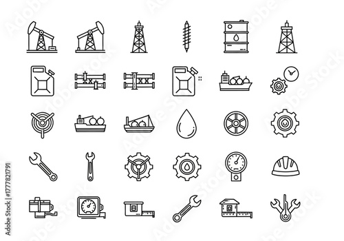 Collection of Black and White Outline Icons Related to Oil and Gas Industry.