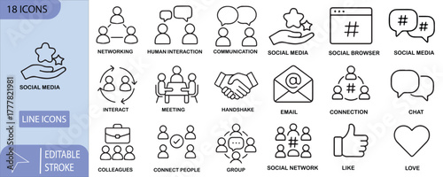 Set of 18 line icons depicting social media and business communication concepts networking